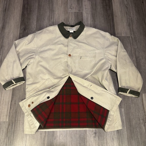 VTG LL Bean Men's 2XL Tall Tan Canvas Flannel Lined Barn Chore Coat Jacket USA